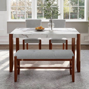 English Elm 4-piece Dining Set Faux Marble Table Two Padded Chairs Bench Rubberwood Legs Modern Gray N752S000084E