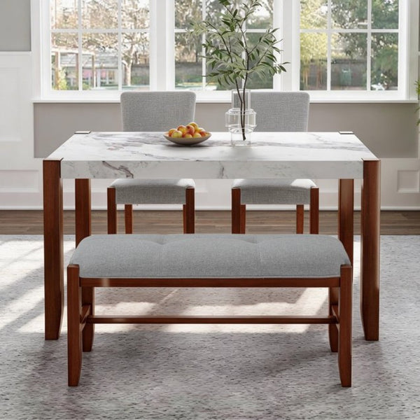 English Elm 4-piece Dining Set Faux Marble Table Two Padded Chairs Bench Rubberwood Legs Modern Gray N752S000084E