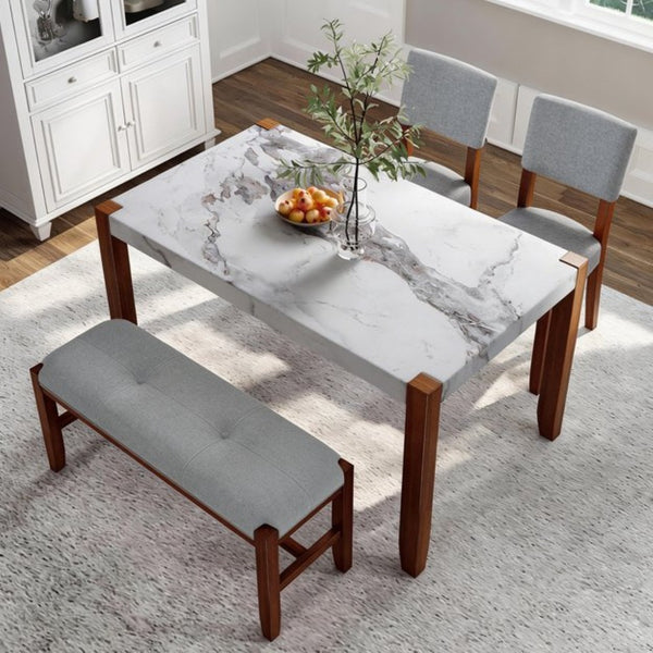 English Elm 4-piece Dining Set Faux Marble Table Two Padded Chairs Bench Rubberwood Legs Modern Gray N752S000084E