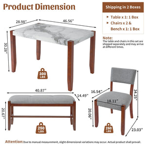 English Elm 4-piece Dining Set Faux Marble Table Two Padded Chairs Bench Rubberwood Legs Modern Gray N752S000084E