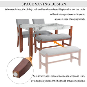 English Elm 4-piece Dining Set Faux Marble Table Two Padded Chairs Bench Rubberwood Legs Modern Gray N752S000084E