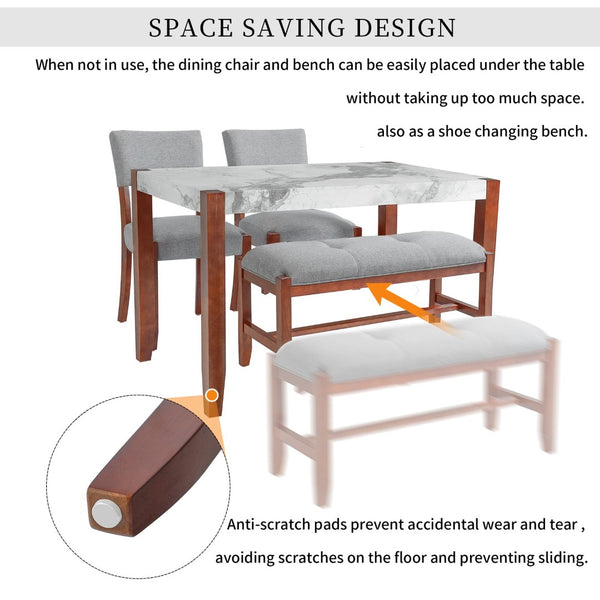 English Elm 4-piece Dining Set Faux Marble Table Two Padded Chairs Bench Rubberwood Legs Modern Gray N752S000084E