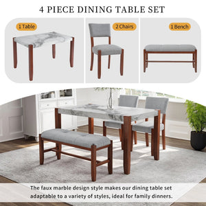English Elm 4-piece Dining Set Faux Marble Table Two Padded Chairs Bench Rubberwood Legs Modern Gray N752S000084E