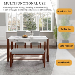 English Elm 4-piece Dining Set Faux Marble Table Two Padded Chairs Bench Rubberwood Legs Modern Gray N752S000084E