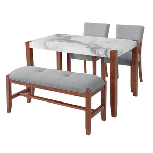English Elm 4-piece Dining Set Faux Marble Table Two Padded Chairs Bench Rubberwood Legs Modern Gray N752S000084E