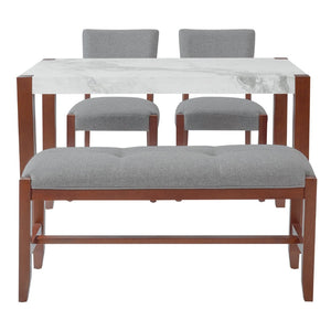 English Elm 4-piece Dining Set Faux Marble Table Two Padded Chairs Bench Rubberwood Legs Modern Gray N752S000084E