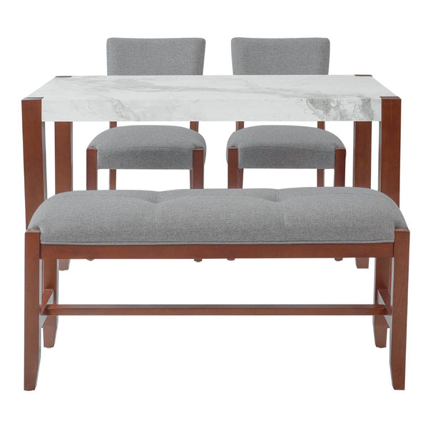 English Elm 4-piece Dining Set Faux Marble Table Two Padded Chairs Bench Rubberwood Legs Modern Gray N752S000084E