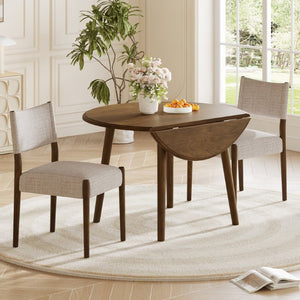 English Elm 3-Piece Drop-Leaf Round Dining Set Birch Veneer Top Upholstered Chairs Small Space Walnut N752S000619D