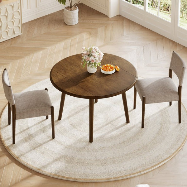 English Elm 3-Piece Drop-Leaf Round Dining Set Birch Veneer Top Upholstered Chairs Small Space Walnut N752S000619D