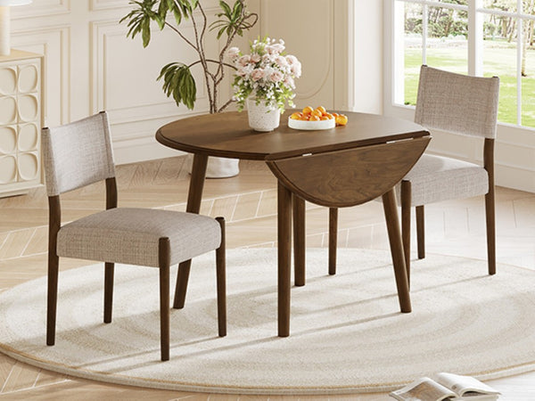 English Elm 3-Piece Drop-Leaf Round Dining Set Birch Veneer Top Upholstered Chairs Small Space Walnut N752S000619D