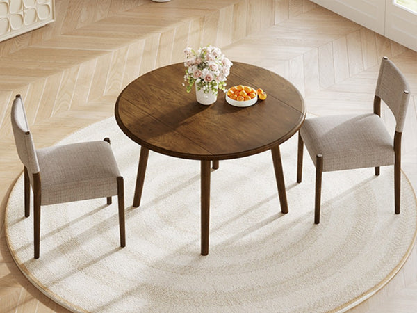 English Elm 3-Piece Drop-Leaf Round Dining Set Birch Veneer Top Upholstered Chairs Small Space Walnut N752S000619D