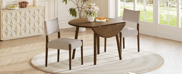 English Elm 3-Piece Drop-Leaf Round Dining Set Birch Veneer Top Upholstered Chairs Small Space Walnut N752S000619D