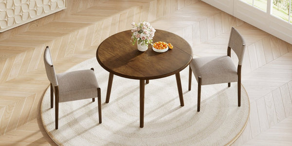 English Elm 3-Piece Drop-Leaf Round Dining Set Birch Veneer Top Upholstered Chairs Small Space Walnut N752S000619D
