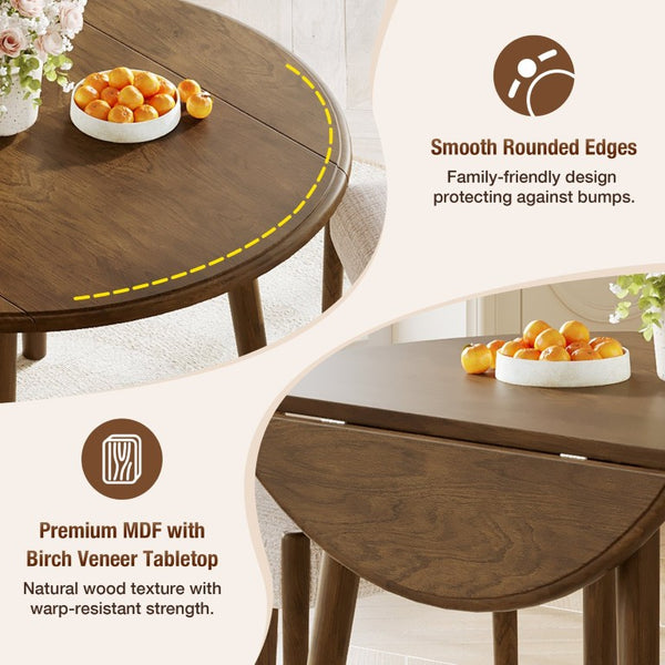 English Elm 3-Piece Drop-Leaf Round Dining Set Birch Veneer Top Upholstered Chairs Small Space Walnut N752S000619D