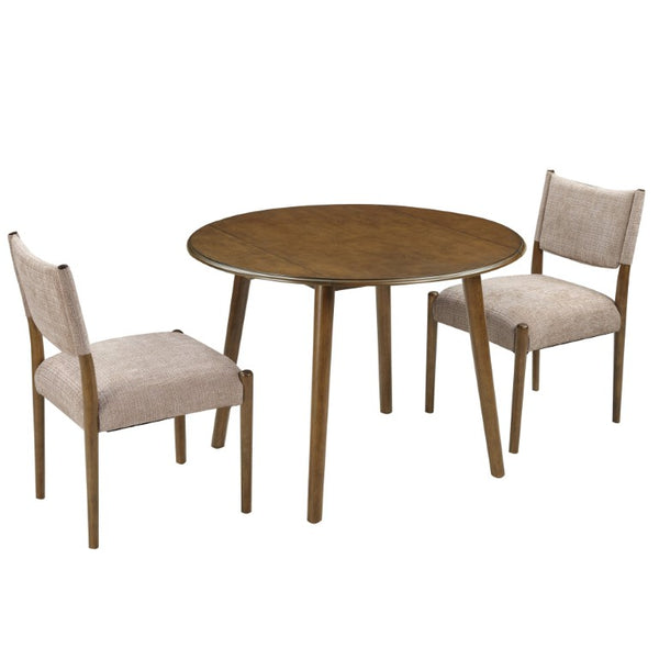English Elm 3-Piece Drop-Leaf Round Dining Set Birch Veneer Top Upholstered Chairs Small Space Walnut N752S000619D