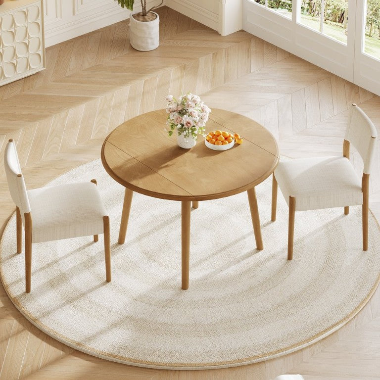 English Elm 3-Piece Drop-Leaf Round Dining Set with Birch Veneer Table and Upholstered Chairs N752S000619N