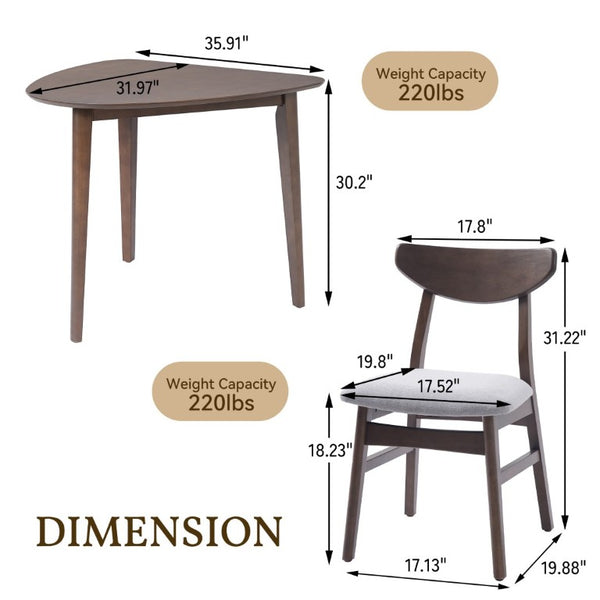 English Elm 3-Piece Corner Dining Set Rubberwood Legs Triangular Table Padded Chairs Small Spaces Brown N752S000908D