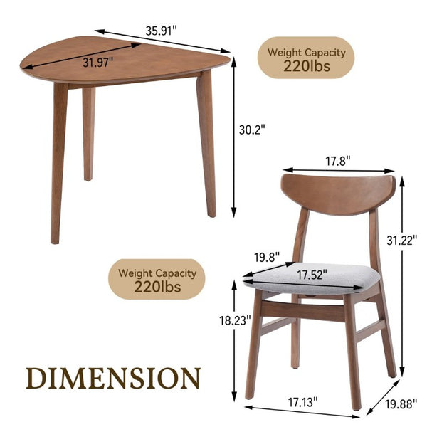 English Elm 3-Piece Corner Dining Set Rubberwood Legs Triangular Table Padded Chairs Small Spaces Light Brown N752S000908P