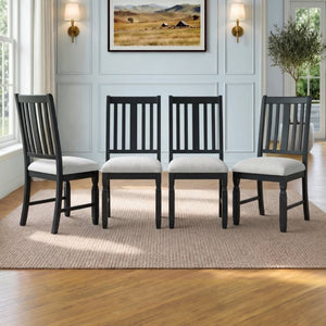 English Elm Set of 4 Farmhouse Dining Chairs Rubberwood Frame Linen Seat Slat Back Design Beige+Black N752S002079B