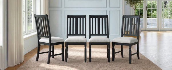 English Elm Set of 4 Farmhouse Dining Chairs Rubberwood Frame Linen Seat Slat Back Design Beige+Black N752S002079B