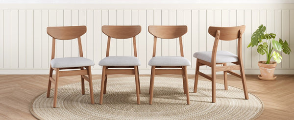 English Elm 4 Scandinavian Rubberwood Dining Chairs Curved Backrest Gray Upholstered Seat Set Light Brown N752S002430P