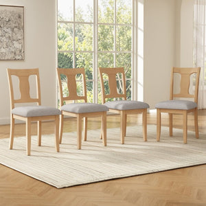English Elm Dining Chairs Set of 4 Mid Century Rubberwood Frame with Linen Upholstered High Back Natural + Beige N752S004101A