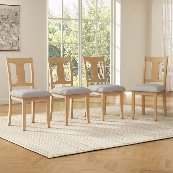 English Elm Dining Chairs Set of 4 Mid Century Rubberwood Frame with Linen Upholstered High Back Natural + Beige N752S004101A