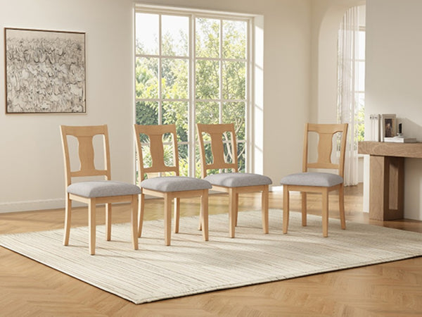English Elm Dining Chairs Set of 4 Mid Century Rubberwood Frame with Linen Upholstered High Back Natural + Beige N752S004101A