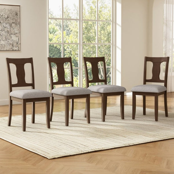 English Elm Dining Chairs Set of 4 Mid Century Rubberwood Frame with Linen Upholstered High Back Brown + Beige N752S004101D