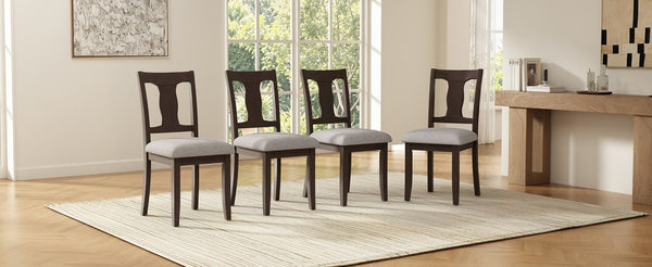 English Elm Dining Chairs Set of 4 Mid Century Rubberwood Frame with Linen Upholstered High Back Espresso + Beige N752S004101P