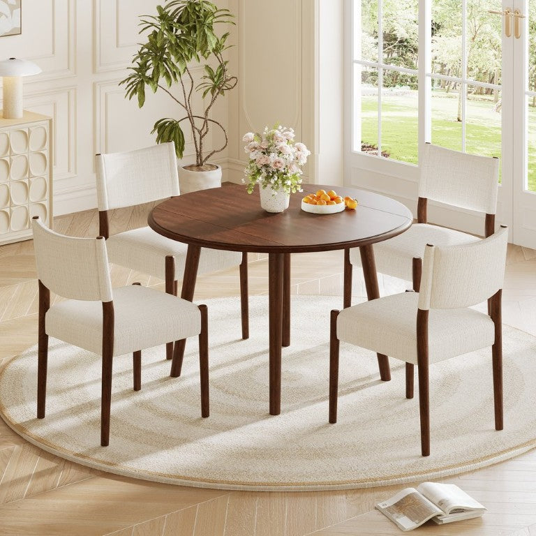 English Elm 5-Piece Drop-Leaf Round Dining Set with Birch Veneer Table and Woven Upholstered Chairs Cherry N752S010619C