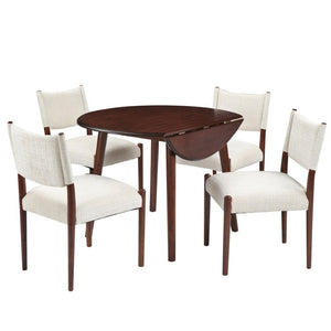 English Elm 5-Piece Drop-Leaf Round Dining Set with Birch Veneer Table and Woven Upholstered Chairs Cherry N752S010619C