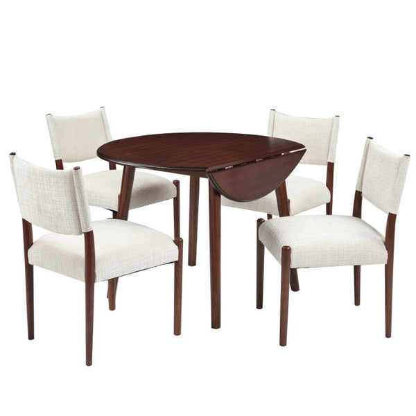 English Elm 5-Piece Drop-Leaf Round Dining Set with Birch Veneer Table and Woven Upholstered Chairs Cherry N752S010619C