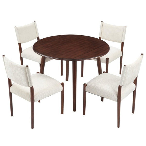 English Elm 5-Piece Drop-Leaf Round Dining Set with Birch Veneer Table and Woven Upholstered Chairs Cherry N752S010619C