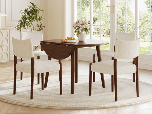 English Elm 5-Piece Drop-Leaf Round Dining Set with Birch Veneer Table and Woven Upholstered Chairs Cherry N752S010619C
