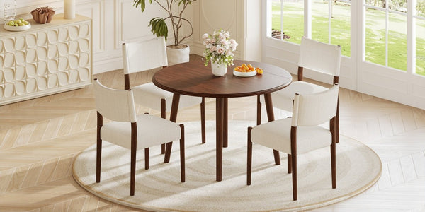 English Elm 5-Piece Drop-Leaf Round Dining Set with Birch Veneer Table and Woven Upholstered Chairs Cherry N752S010619C