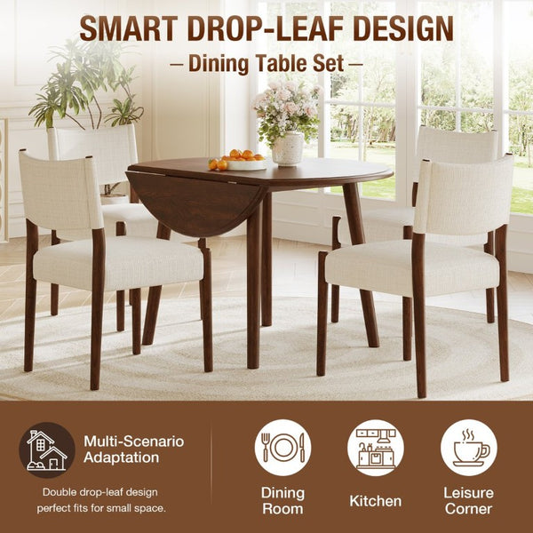 English Elm 5-Piece Drop-Leaf Round Dining Set with Birch Veneer Table and Woven Upholstered Chairs Cherry N752S010619C