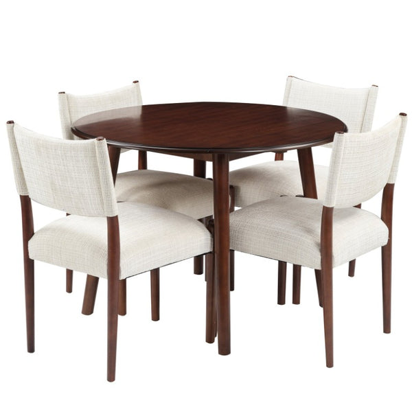 English Elm 5-Piece Drop-Leaf Round Dining Set with Birch Veneer Table and Woven Upholstered Chairs Cherry N752S010619C