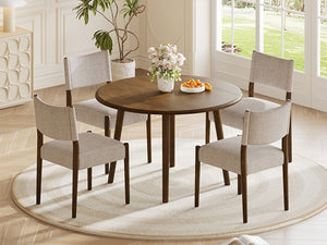 English Elm 5-Piece Drop-Leaf Round Dining Set Birch Veneer Rubberwood Table and Upholstered Chairs N752S010619D