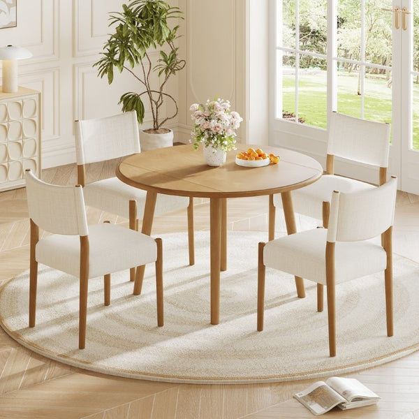 English Elm 5-Piece Drop-Leaf Round Dining Set with Birch Veneer Table and Woven Upholstered Chairs Natural N752S010619N