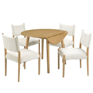 English Elm 5-Piece Drop-Leaf Round Dining Set with Birch Veneer Table and Woven Upholstered Chairs Natural N752S010619N