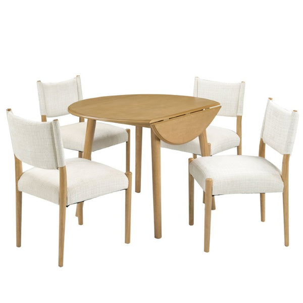English Elm 5-Piece Drop-Leaf Round Dining Set with Birch Veneer Table and Woven Upholstered Chairs Natural N752S010619N
