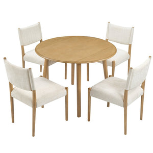 English Elm 5-Piece Drop-Leaf Round Dining Set with Birch Veneer Table and Woven Upholstered Chairs Natural N752S010619N