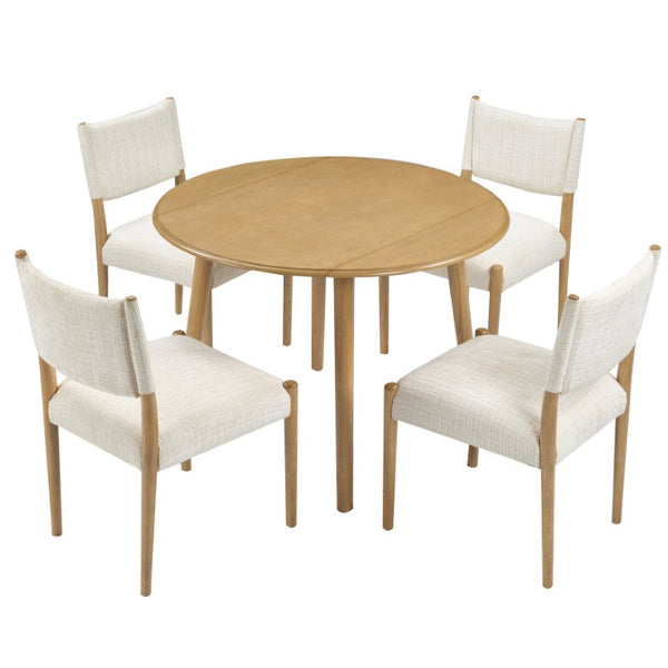 English Elm 5-Piece Drop-Leaf Round Dining Set with Birch Veneer Table and Woven Upholstered Chairs Natural N752S010619N
