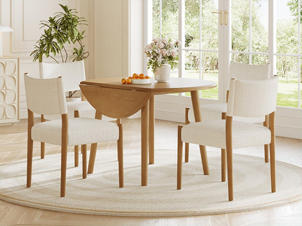 English Elm 5-Piece Drop-Leaf Round Dining Set with Birch Veneer Table and Woven Upholstered Chairs Natural N752S010619N