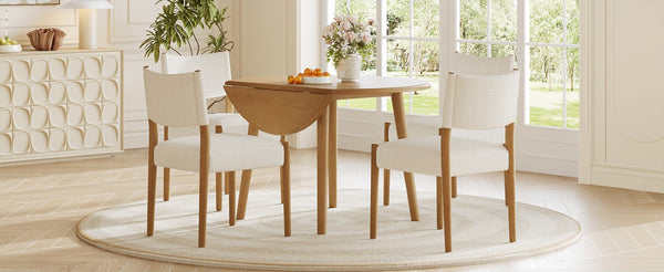 English Elm 5-Piece Drop-Leaf Round Dining Set with Birch Veneer Table and Woven Upholstered Chairs Natural N752S010619N