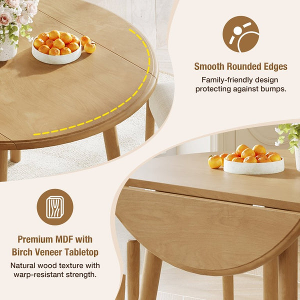 English Elm 5-Piece Drop-Leaf Round Dining Set with Birch Veneer Table and Woven Upholstered Chairs Natural N752S010619N