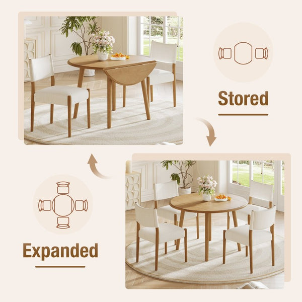 English Elm 5-Piece Drop-Leaf Round Dining Set with Birch Veneer Table and Woven Upholstered Chairs Natural N752S010619N