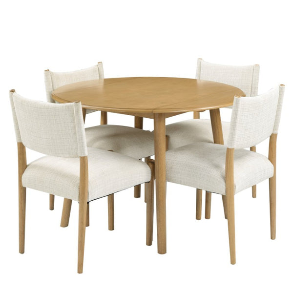 English Elm 5-Piece Drop-Leaf Round Dining Set with Birch Veneer Table and Woven Upholstered Chairs Natural N752S010619N