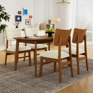English Elm Farmhouse Five Piece Dinette Set with Rubberwood Legs and Upholstered Ergonomic Chairs Brown+Beige N752S011016A